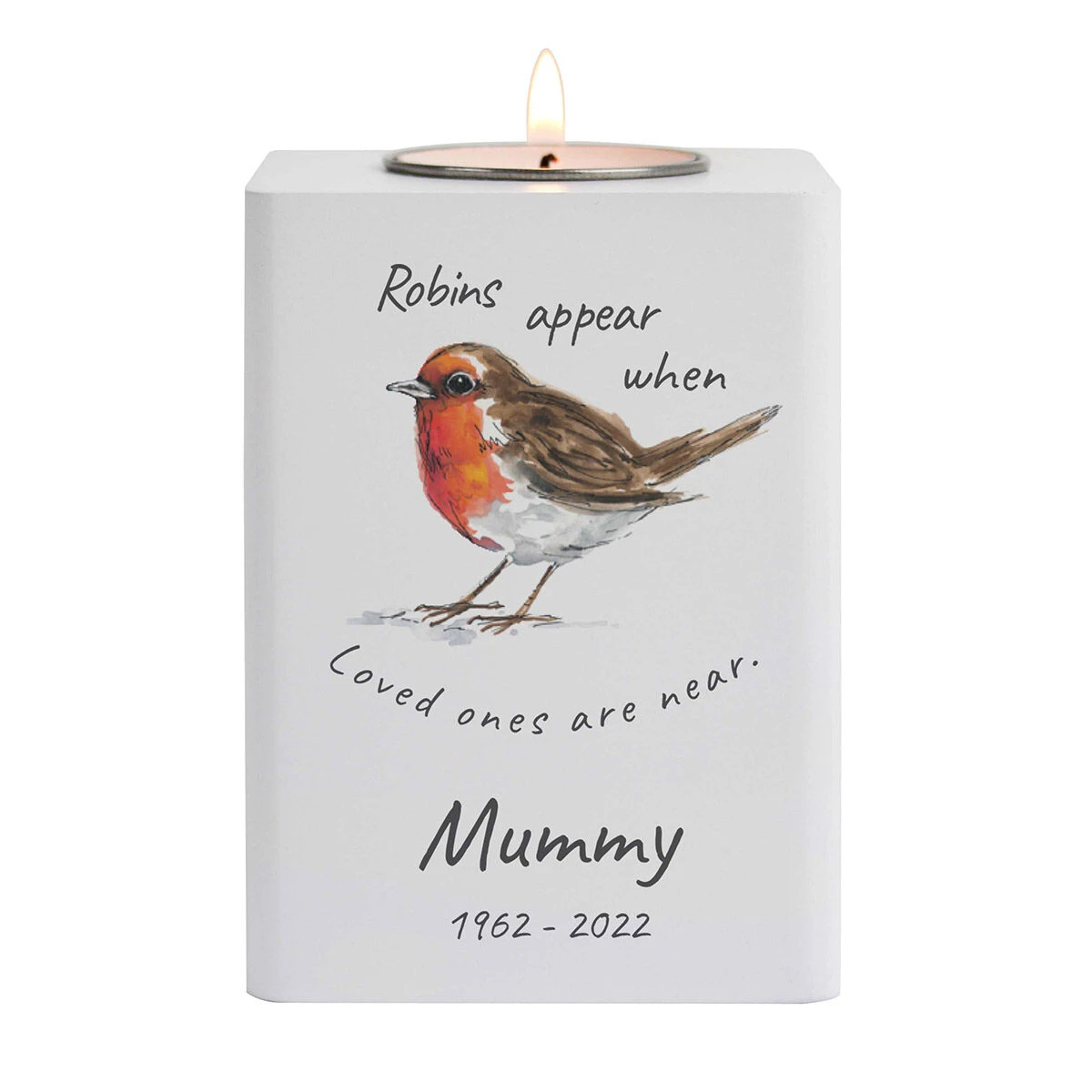 Personalised Robins Appear White Wooden Tealight Holder 2 Personalised Robins Appear White Wooden Tealight Holder - Image 2