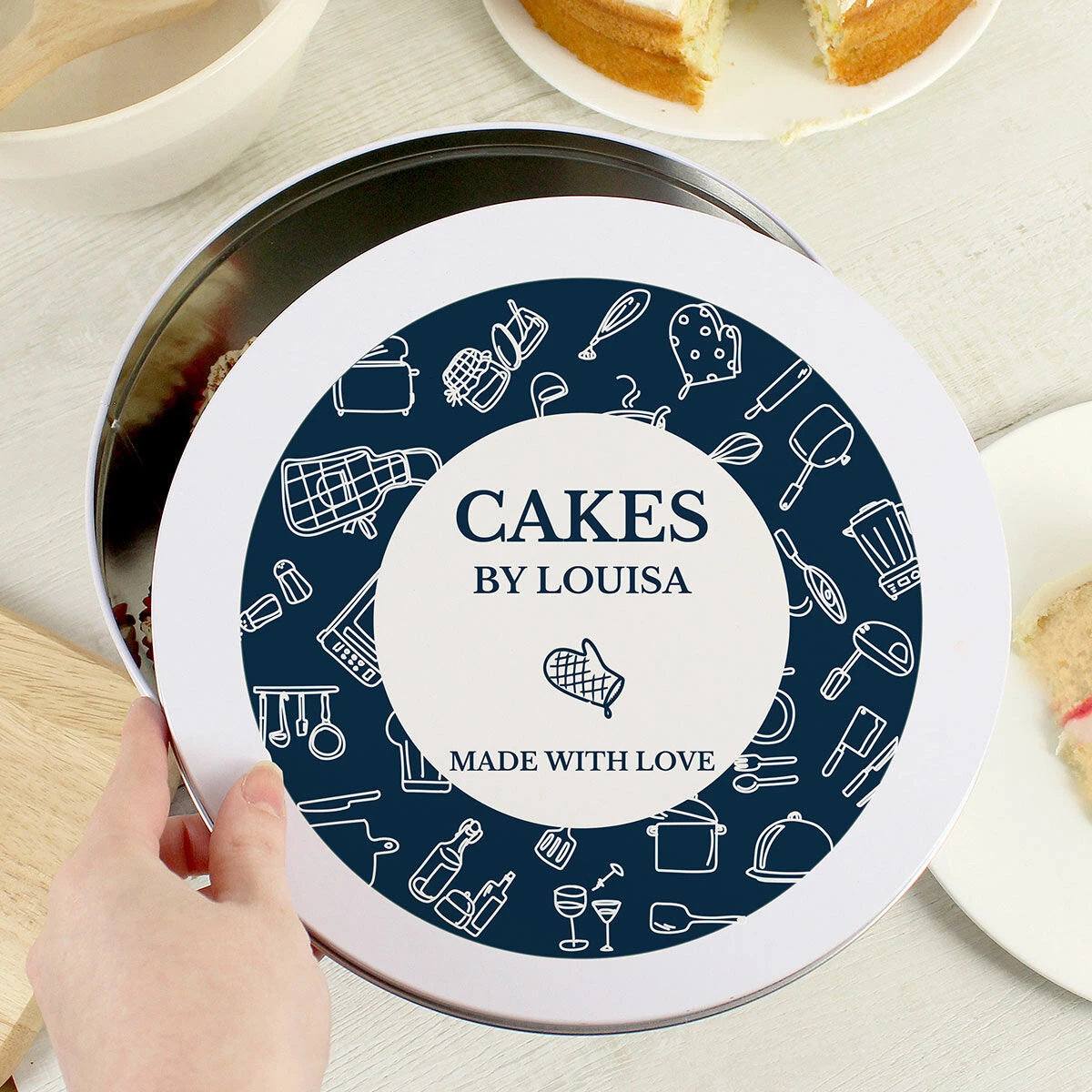 Personalised Navy Kitchen Design Cake Tin 2 Personalised Navy Kitchen Design Cake Tin - Image 2