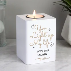 Personalised 'Light Up My Life' White Wooden Tea Light Holder