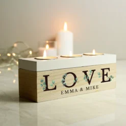 Personalised ‘Love’ Botanical Triple Tealight Box 6 Personalised ‘Love’ Botanical Triple Tealight Box -Home General Store p1011f32