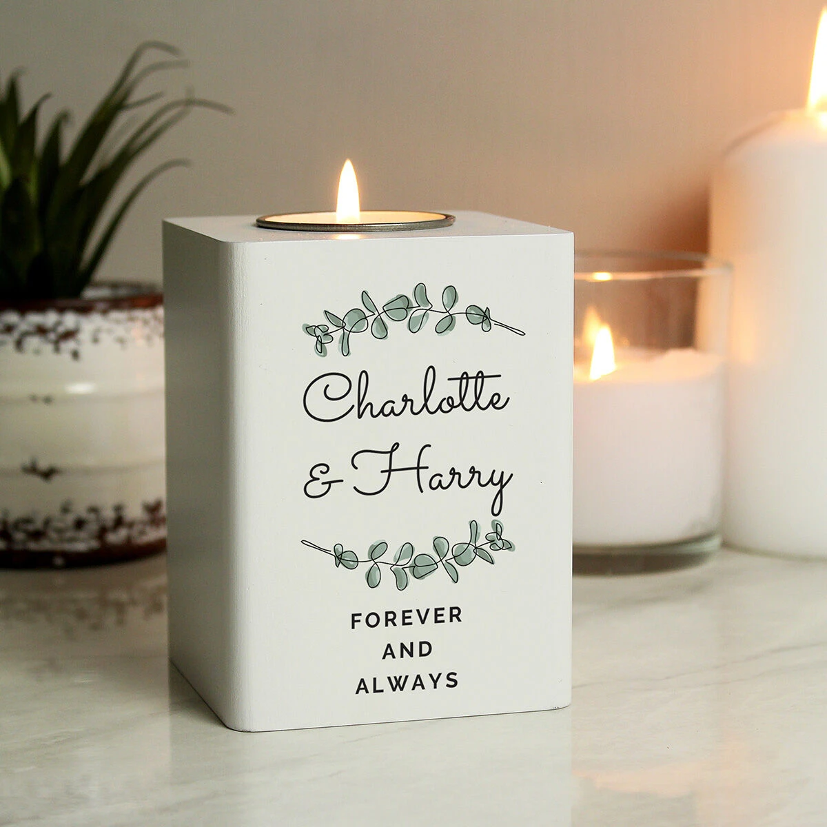 Personalised Botanical White Wooden Tealight Holder 1 Personalised Botanical White Wooden Tealight Holder