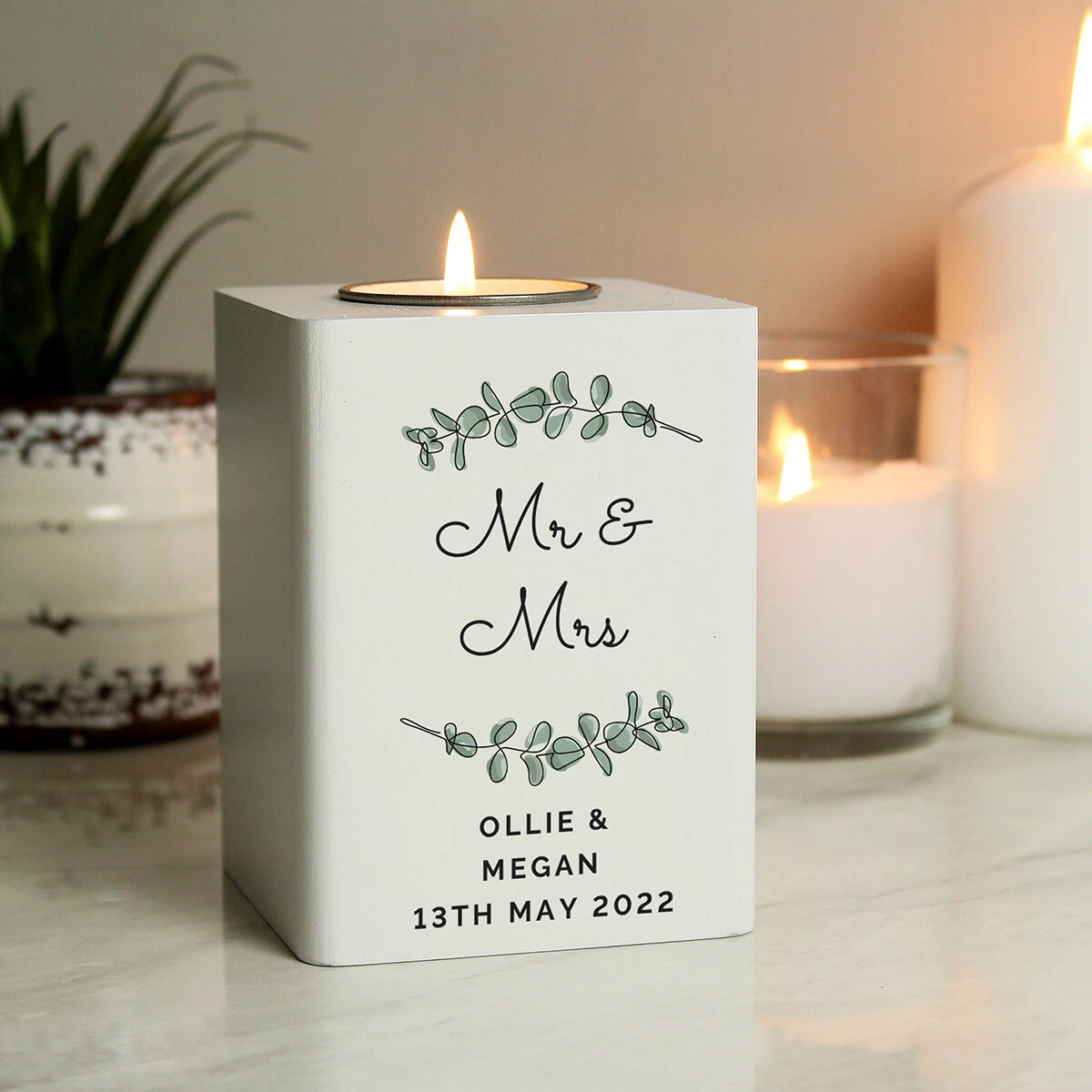 Personalised Botanical White Wooden Tealight Holder 3 Personalised Botanical White Wooden Tealight Holder - Image 3