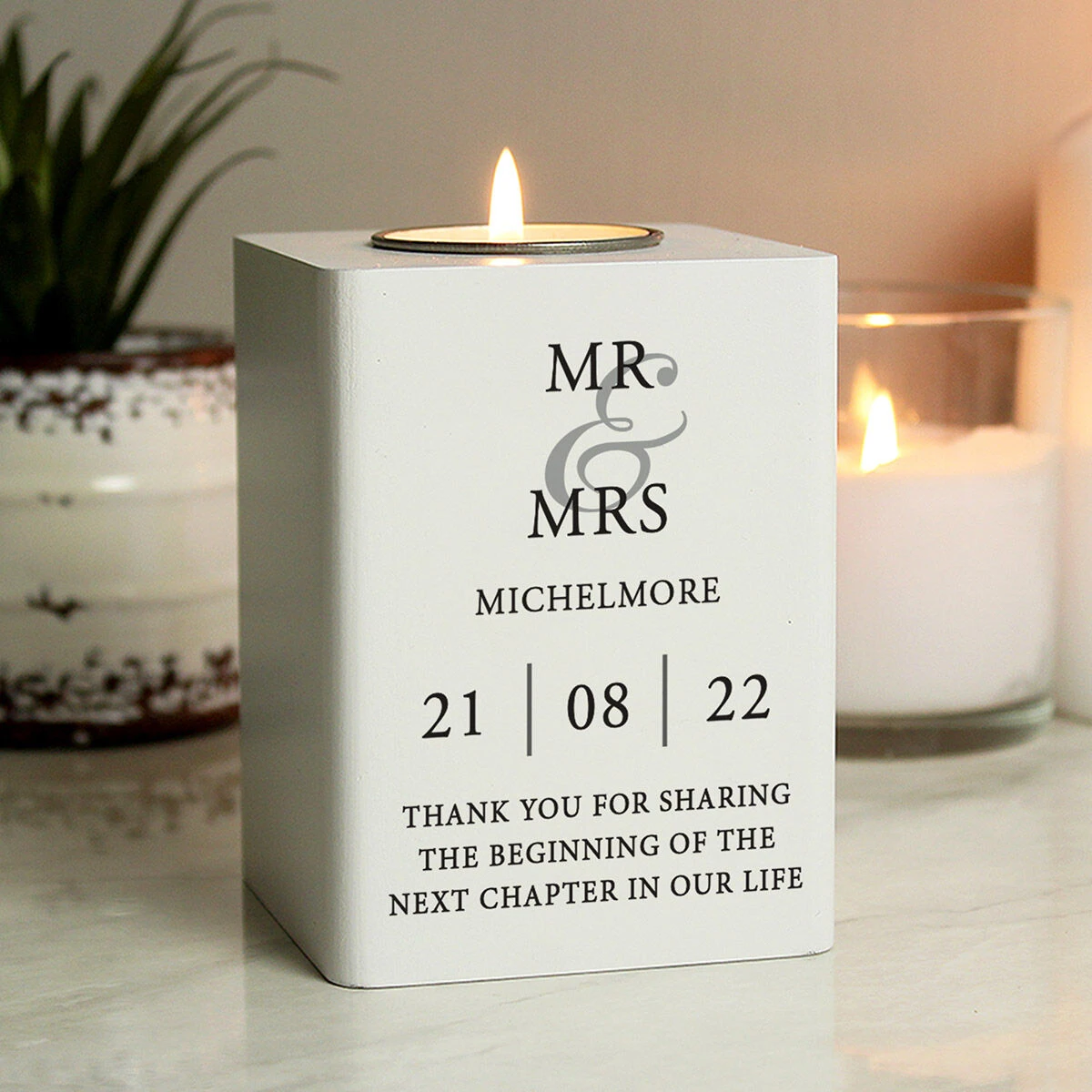 Personalised Couples White Wooden Tealight Holder 2 Personalised Couples White Wooden Tealight Holder - Image 2