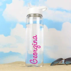Personalised Island Water Bottle With Pink Text