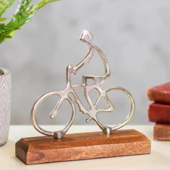 Transomnia Silver Metal Cyclist On Wooden Base Decoration